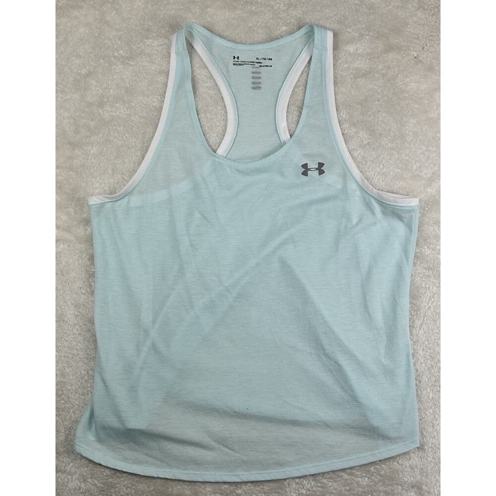 Under Armour Tank Top Women's Sz XL Blue Stripe Racer Fitted Reflective Run